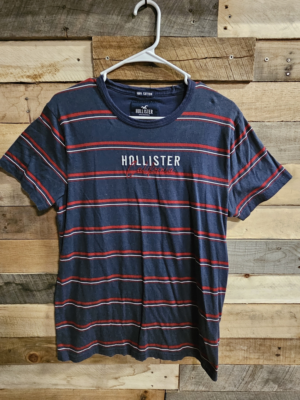Hollister Navy Striped Logo Short Sleeve Tee